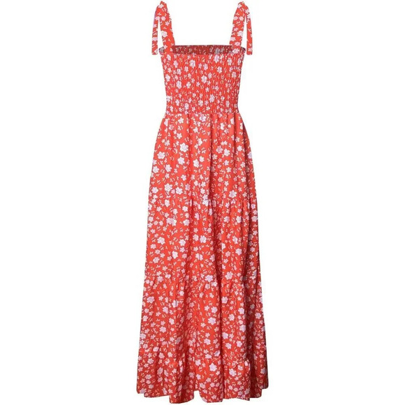 Women's Summer Boho Spaghetti Strap Square Neck Ruffle red  Floral Long Dress - Picture 3 of 6